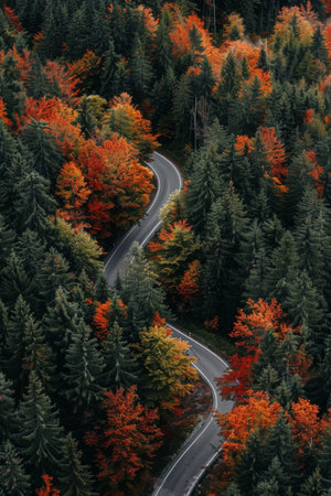 Winding road through vibrant autumn forest in a mountain region during peak foliage seasonの素材