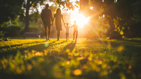 Family walks together in a park during sunset, enjoying quality time and creating lasting memoriesの素材
