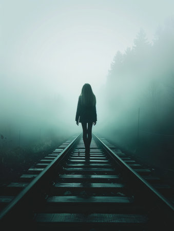 Mysterious figure walks along foggy railway track in serene forest setting at dawnの素材