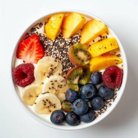 Colorful fruit bowl with yogurt and chia seeds prepared for a healthy breakfast or snackの素材