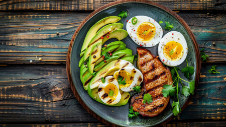 Grilled steak, egg, and avocado platter with herbs presented on wooden tableの素材