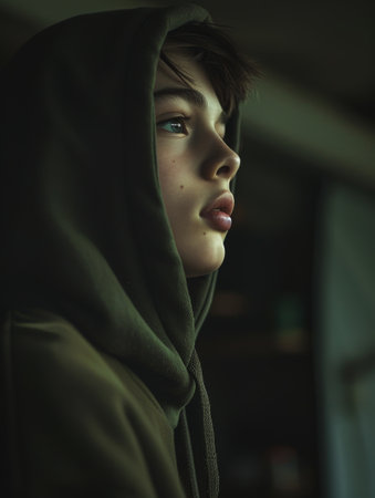 Portrait of a young boy in a green hoodie contemplating life in a dimly lit room during the evening hoursの素材