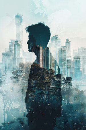 City skyline and silhouette blend create a unique artistic expression during twilight hoursの素材