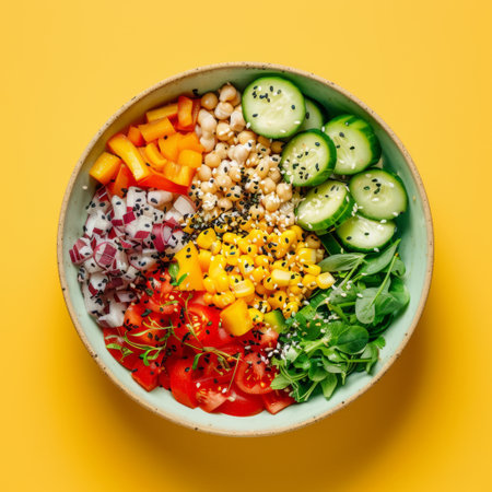 Colorful salad bowl featuring fresh vegetables, grains, and seeds arranged aesthetically on a bright yellow backgroundの素材