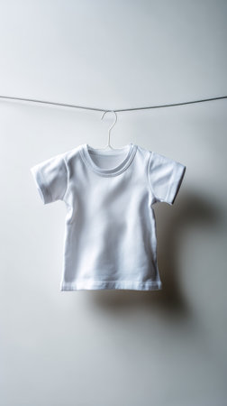 Display of a plain white childrens t-shirt on a clean, minimalistic background with soft lighting effectsの素材