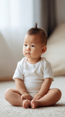 Baby sitting calmly on soft background wearing a plain white onesie in natural light during a serene momentの素材
