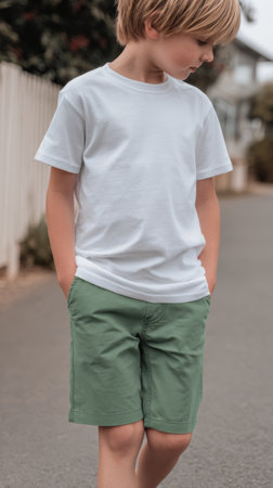 Child walking outdoors in plain white t-shirt and shorts with hands in pockets on a sunny day in a minimalistic settingの素材