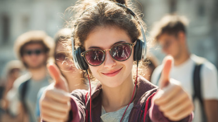Young woman enjoying music outdoors while giving thumbs up in a vibrant crowd during a sunny dayの素材