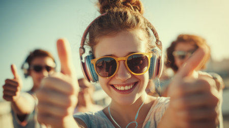 Young people enjoy outdoor music party with thumbs up while wearing headphones and sunglasses at sunset near the coastの素材