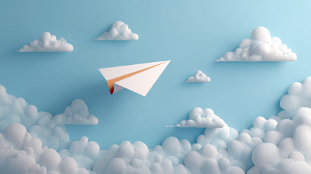 Creative paper airplane soaring through a bright blue sky filled with fluffy cloudsの素材