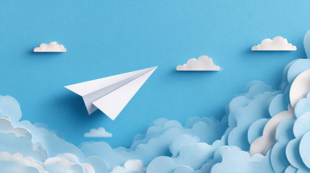 Creative paper airplane flying above soft clouds in a bright blue skyの素材