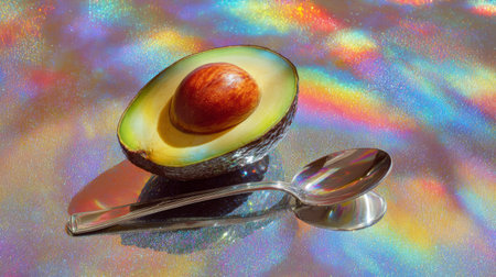 Bright and colorful avocado half with a spoon on a shimmering surfaceの素材