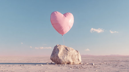 Heart-shaped balloon floats above a large rock in a desolate landscape at sunriseの素材
