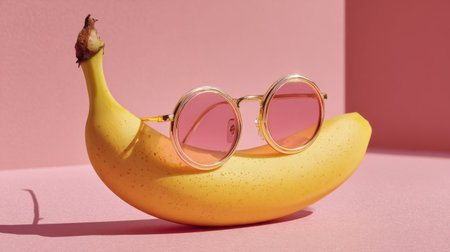 Fun and quirky still life of banana wearing sunglasses against a pink backgroundの素材