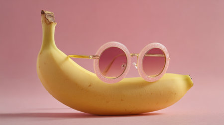 Fun and unique display with a banana and round pink sunglasses on a soft pink backgroundの素材