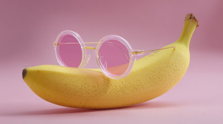 Banana rests on a surface while stylish pink sunglasses rest atop it in a creative setupの素材