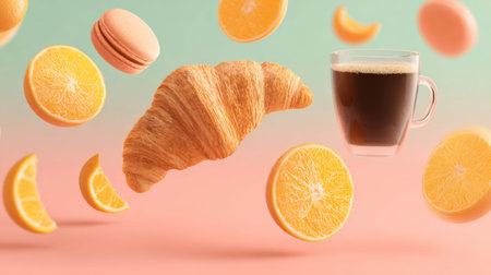 Morning brunch scene with coffee, croissant, macarons, and citrus slices floating on pastel backgroundの素材