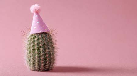Cactus wearing a party hat on a pink background creates a fun and festive atmosphere for celebrationsの素材