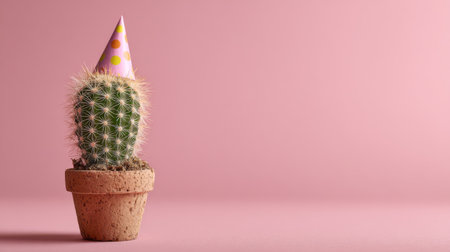 Celebratory cactus wearing a party hat sitting in a pot against a pink backgroundの素材
