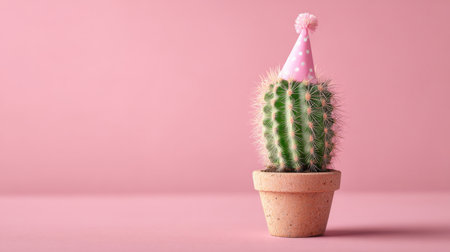 Cactus wearing a pink party hat in a clay pot on a pink background for a cheerful celebration settingの素材