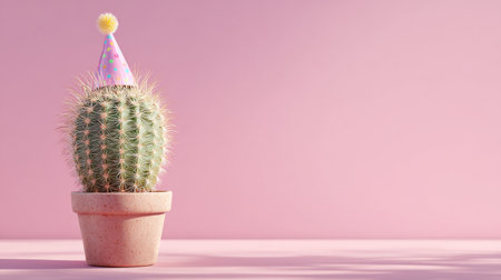 Cactus in a pot wearing a colorful party hat against a pink background celebrating a fun occasion indoorsの素材