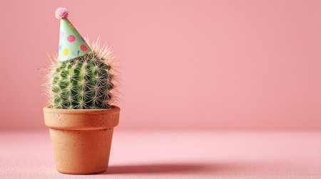 Cactus wearing a party hat on a pink background for a festive celebrationの素材