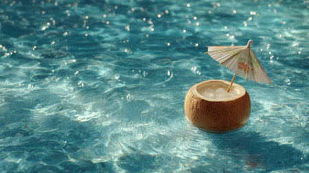 Refreshing coconut drink with a small umbrella floating in a clear pool under bright sunlightの素材
