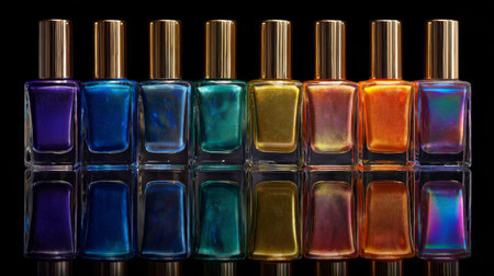 Colorful collection of nail polish bottles arranged in a row with shimmering reflectionsの素材