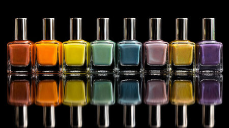Brightly colored nail polish bottles lined up on a reflective surface with a black background creating a striking visual displayの素材