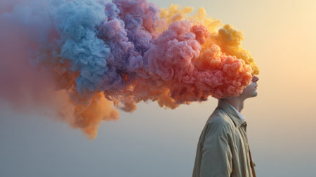 Colorful smoke clouds rise from a persons head during a creative outdoor art session at sunsetの素材