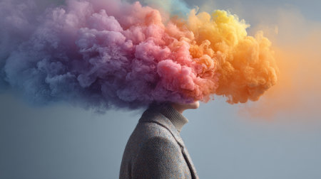 Creativity flows from the mind as colorful smoke swirls around a person in a stylized artistic settingの素材