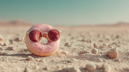 Bright pink donut with sunglasses resting in sandy desert landscape under clear blue skyの素材