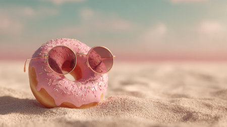 Pink donut wearing sunglasses rests on sandy beach at sunset with pastel sky in backgroundの素材