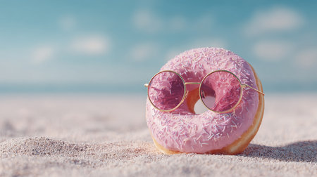 Donut wearing sunglasses rests on sandy beach under bright blue skyの素材