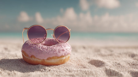 Colorful donut with sunglasses resting on sandy beach near turquoise ocean under bright skyの素材
