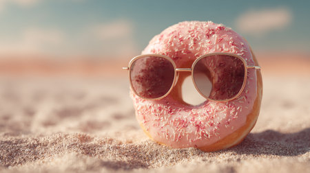 Bright pink donut with sunglasses sitting on sandy beach under clear sky during sunny daytimeの素材