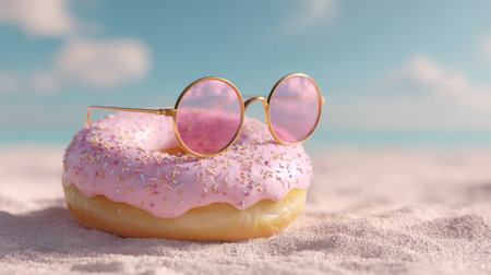 Cute donut with pink frosting and sunglasses on sandy beach during bright sunny dayの素材