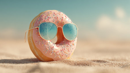 Sunglasses-wearing donut on sandy beach under bright sky during sunny dayの素材