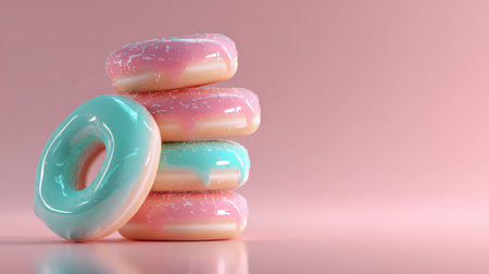 Colorful donuts stacked on a pink background creating a playful and inviting dessert displayの素材