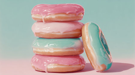 Colorful donuts stacked for a sweet treat on a pastel backgroundの素材