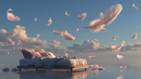 Dreamy bedroom scene with floating feathers above tranquil water at sunsetの素材