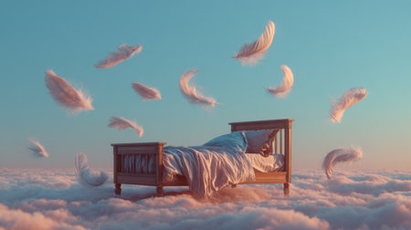 Floating bed surrounded by soft feathers in a dreamy sky at sunsetの素材