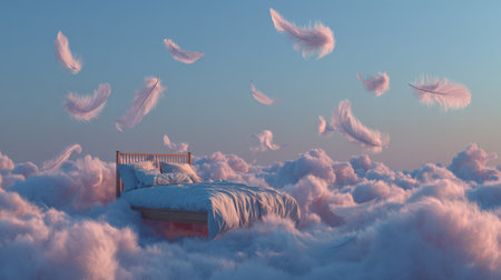 Dreamy bed floating among soft clouds at sunrise with pink feathers in a serene skyの素材