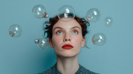 Creative portrait of a woman with light bulbs floating around her head against a bright backgroundの素材