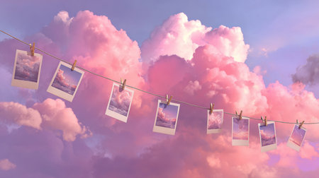 Beautiful sunset pictures hanging on a clothesline against a vibrant pink and purple cloudy skyの素材