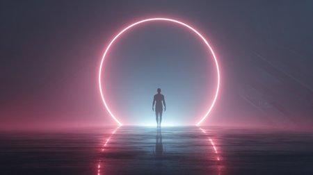 Silhouette walks towards glowing circle in misty setting with reflections on the groundの素材
