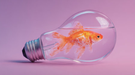 Goldfish swimming inside a light bulb on a pink background with a creative and surreal design conceptの素材