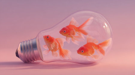 Goldfish swimming inside a light bulb creating a whimsical and imaginative scene in a pastel backdropの素材