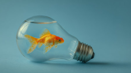 Goldfish swimming inside a light bulb against a soft blue background creates a striking visual contrastの素材
