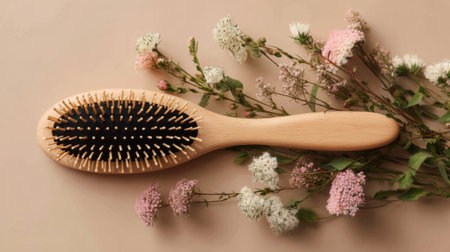 Beautiful hair brush surrounded by delicate flowers on a soft surfaceの素材